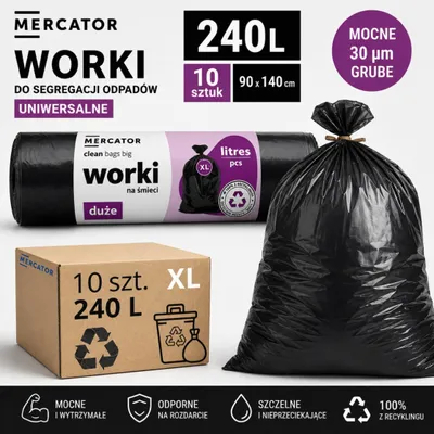 Obrázok produktu pre Pracovné vaky na odpad Mercator, čierne, 240 litrov, 10 kusov. Čierne, hrubé, odolné vaky vhodné na domáce aj profesionálne použitie