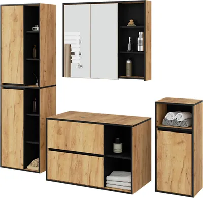 Produktbild von Hängendes Badezimmermöbel-Set VAMI in Craft Eiche mit Innen in Schwarz mit Ausschnitten für Aufsatzwaschbecken