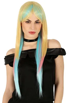 Produktbild von lange blonde Perücke mit bunten Strähnen für Damen