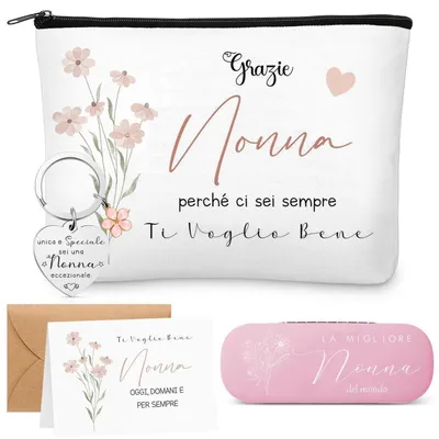 Produktbild von Geschenkset für Oma mit Kosmetiktasche, Brillenetui, Schlüsselanhänger & Grußkarte