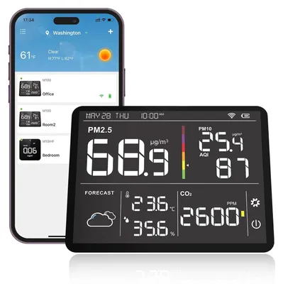 Obrázok produktu pre M100-UP, merač kvality vzduchu, meteorologická stanica, 2,4 G Wi-Fi, Bluetooth teplomer s aplikáciou, 8-v-1 merač kvality vzduchu (PM2.5/CO2/teplota/vlhkosť)