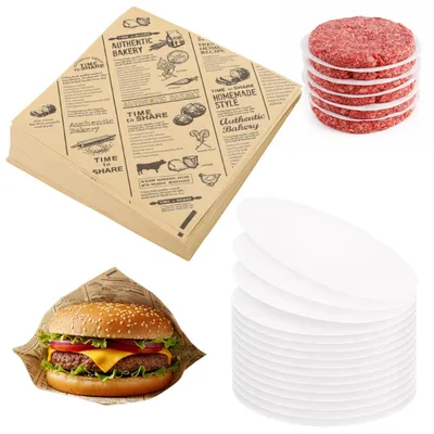 Produktbild von Set mit 200 Burgerpapieren: 100 x dickes Papier im Stil von Backpapier + 100 x Trennpapier – Wasserfestes Verpackungspapier und Buffetzubehör für Hamburger, Pommes frites und Snacks