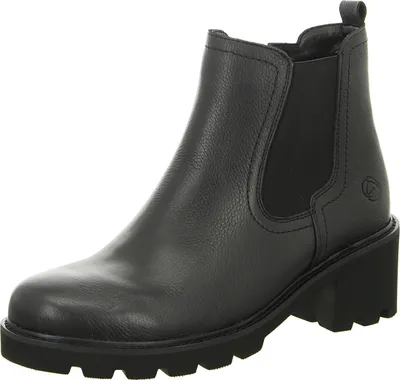 A black leather ankle boot with a thick sole and elastic side panels, shown from a side angle against a white background.
