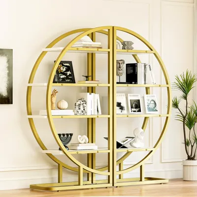 Produktbild von Flieks 2-teiliges Metall Bücherregal mit Goldrahmen & 4 weißen MDF-Böden, Rundbogen Standregal 120x30x130cm, Kücheschrank, Weiß, Gold
