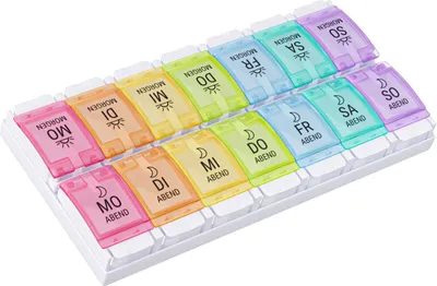 Produktbild von WELLGRO Tablettenbox für 7 Tage - Pillendose je 2 Fächer pro Tag - Klappdeckel mit Druckverschluss - Pillenbox Kunststoff BPA-frei - Farbe wählbar