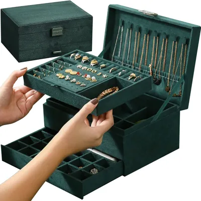 Produktbild von qiangzhipow Schmuckkästchen Damen, Schmuckkoffer Schmuckkasten 3 Schicht Schmuck Aufbewahrung Koffer mit 8 Halskette Kleiderbügel und herausnehmbaren Trennwand, Abschließbarer Schmuckschatulle für Ohrringe Armbänder Ringe Uhren
