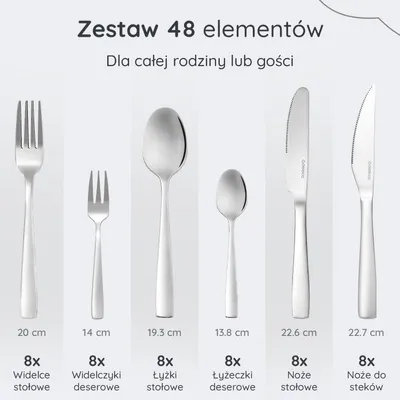 Zdjęcie produktu dla Deleca 48-częściowy zestaw sztućców dla 8 osób - Sztućce można myć w zmywarce - Noże, widelce, łyżki, noże do steków, widelczyki do ciasta - Błyszcząca stal nierdzewna