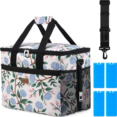 Produktbild von Packaway 4-lagige isolierte Kühltasche – Lunchtasche 30 Liter – Weiß mit Blumenmuster