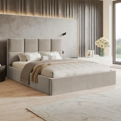 Produktbild von MOTIVENA Star Polsterbett 180x200 mit Bettkasten, Holz Latttenrost, Bett 180x200 Beige Samt (Jasmine 24)