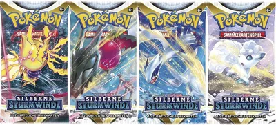 Produktbild von Pokémon TCG – Schwert & Schild: Silberne Sturmwinde | 4x Booster Packs (Deutsch) | je 10 Karten + Heartforcards Versandschutz