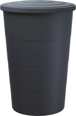 A dark gray rain barrel with a lid, shown from the front against a white background.