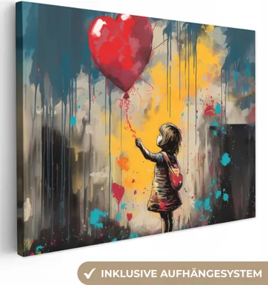 Obrázek produktu pro Dekorace na zeď 40x30 cm - Banksy - Girl - Balloon - Heart - Graffiti, nástěnné umění, dekorace do obývacího pokoje