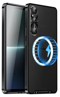 A black smartphone case with a magnetic charging indicator on the back.