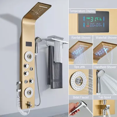 Produktbild von LED sprchový panel Mixer Tap Vodopád Rain Shower 6-funkčný 304 nerezový sprchový systém Sprchový stĺp, zlatý