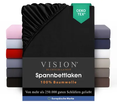 Productafbeelding van VISION spreihoes – 100% katoen – voor een tweepersoonsbed (160 x 200 cm) – met elastische hoeken – geschikt voor matrassen tot 25 cm hoog –  certificering – machinewasbaar – kleur: zwart