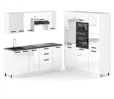 Produktbild von ULWEHOME | Eckküche 360 cm Weiß Hochglanz, L-Küche, Kühlschrankumbau, Backofen-Mikrowellenschrank, Vorratsschrank & geteilte Arbeitsplatten 140 cm