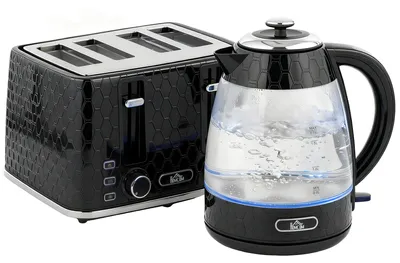 Produktbild von 1,7L 2200W Schnellkoch-Wasserkocher und 4-Scheiben-Toaster-Set mit Kalkfilter, Schwarz