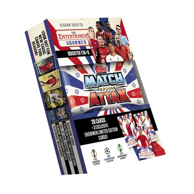 A booster tin for Topps Match Attax trading cards, featuring football players and league logos.
