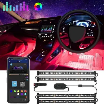Produktbild von Unyqoos® Auto-Innenbeleuchtung 48 LEDs – 4x zweireihige RGB-Streifen, App- & Musiksteuerung, 12V Zigarettenanzünder, wasserdicht, Kurzschlussschutz
