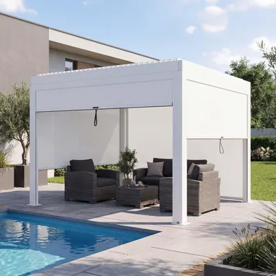 Produktbild von Pergola HWC-L46 mit Seitenwand, Gartenpavillon Lamellen-Pavillon Rollo, 11cm-Alu-Gestell, sturmfest 3x3m  weiß