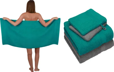 Produktbild von Betz 5 tlg. Handtuch Set SINGLE Pack 100% Baumwolle 1 Duschtuch 2 Handtücher 2 Waschhandschuhe farbe - smaragdgrün - anthrazit grau 250804