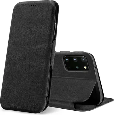 A black flip case for a smartphone is shown, with the phone partially inserted and its camera array visible.