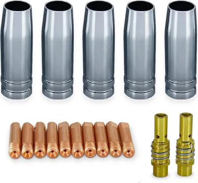 A collection of welding consumables, including gas nozzles, contact tips, and nozzle holders, arranged on a white background.