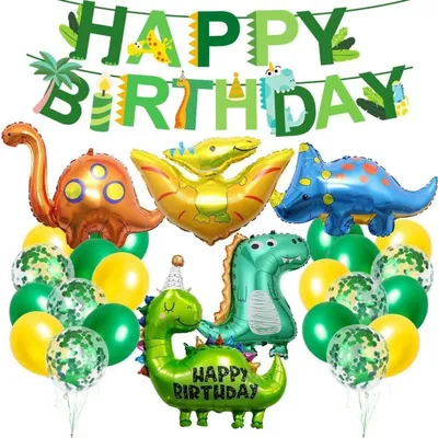 Produktbild von Dino Geburtstag Deko Set, Dinosaurier Folienballons, Happy Birthday Girlande, Luftballons, Party Dekoration für Kindergeburtstag