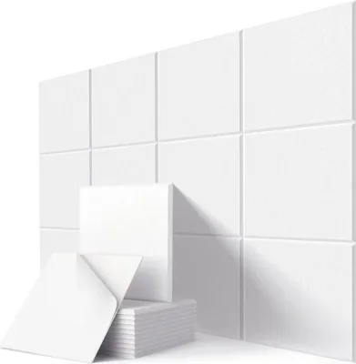 Produktbild von 12 quadratische Akustikpaneele, TONOR hochdichte, selbstklebende, echounterdrückende Schallabsorptionsmatte für Studio, Büro und Zuhause, Polyesterfaser, 30 x 30 x 0,9 cm – Weiß