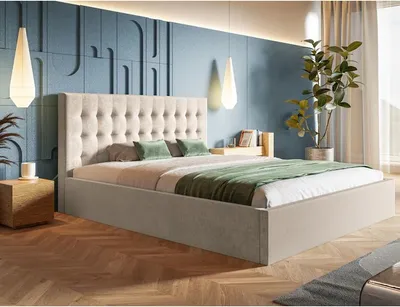 Produktbild von Polsterbett SIM 2 mit Kopfteil, 120x200 cm, Doppelbett mit Bettkasten und Lattenrost aus Holz, Velourstoff, Farbe: Beige