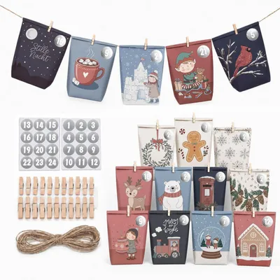 Image de Calendrier de l'Avent à remplir : 24 pochettes, dimensions 21,5 x 17 cm. 16 motifs avec attaches en bois, corde en jute, autocollants numérotés, papier kraft. Modèle 2026