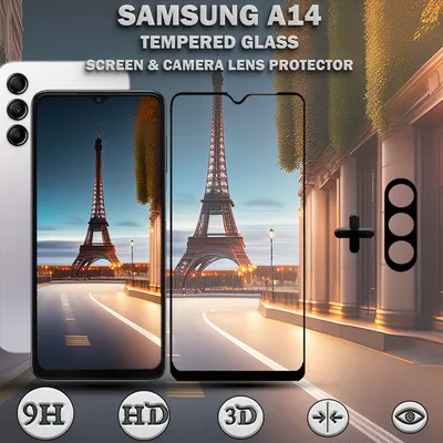 Produktbild von Samsung Galaxy A14 Displayschutzfolie und Objektivschutz aus 9H gehärtetem Glas