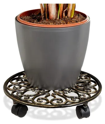 Produktbild von 5 Pflanzenroller aus Gusseisen, rund, Ø 33,5 cm, Blumentopfuntersetzer, 4 Rollen, stabil, wetterfest, Blumenroller, Bronze