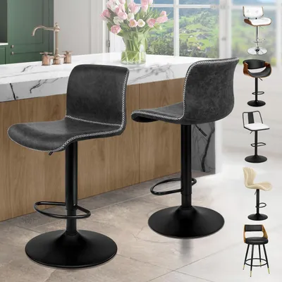 Produktbild von Barhocker 2er Set, Höhenverstellbar, Drehhocker mit Rückenlehne, Kunstleder, Dunkelgrau