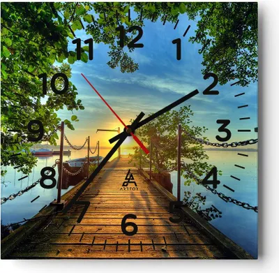 Produktbild von Wanduhr - Quadrat - Glasuhr - See Sonnenuntergang Boot Landschaft - 40x40cm - Schleichendes Uhrwerk - Lautlos - zum Aufhängen bereit - Dekoration Modern - Wanddekoration aus Glas - C4AC40x40-2573