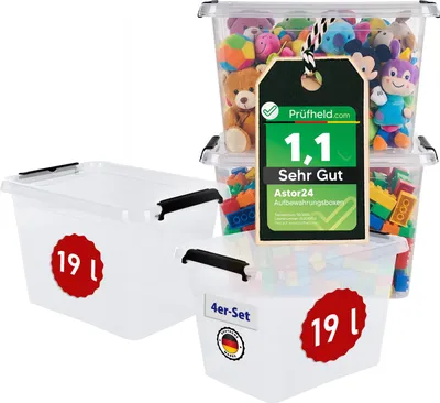 Produktbild von Aufbewahrungsbox mit Deckel 4er Set Kunststoffbox Stapelbox Lagerbox Regalbox 4er Set 19 Liter