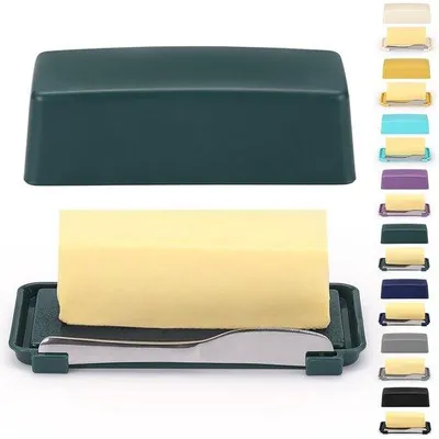 Produktbild von Unyqoos® Butterdose mit Deckel und Edelstahl-Buttermesser – 17,5 x 9 x 5 cm, lebensmittelecht, Deckel als Schneidebrett, spülmaschinengeeignet