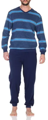Produktbild von Normann Herren Frottee Schlafanzug Pyjama lang in toller Streifenoptik – auch in Übergröße ; hellblau , 52