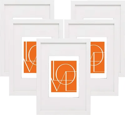 A set of five white picture frames, each with an orange insert featuring the word 'LOVE' in white lettering.