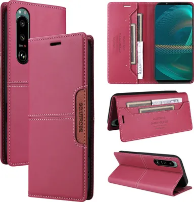 Obrázek produktu pro Pouzdro pro Sony Xperia 5 III, kožené flipové peněženkové pouzdro s přihrádkou na karty a stojánkem Červený