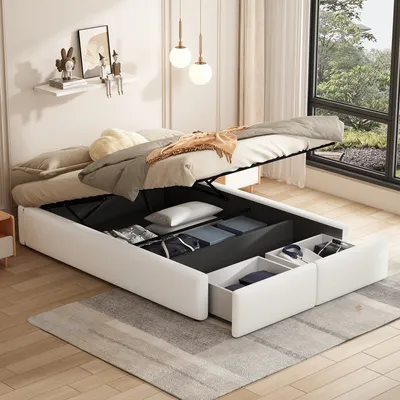 Obrázek produktu pro okwish Čalouněná postel 140x200 cm, s hydraulickým úložným prostorem, 2 zásuvky, platformová postel bez čela, béžová