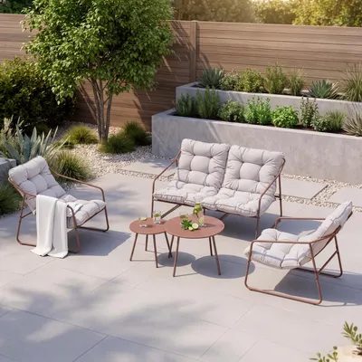 Productafbeelding van Tuinset 'Kivanta', 5-delig: bank, stoelen met kussens, tafels, staal, roestkleur/beige
