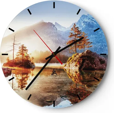 Produktbild von Wanduhr - Rund - Glasuhr - Morgendämmerung Berge See - 30x30cm - Schleichendes Uhrwerk - Lautlos - zum Aufhängen bereit - Dekoration Modern - Wanddekoration aus Glas - C3AR30x30-4617