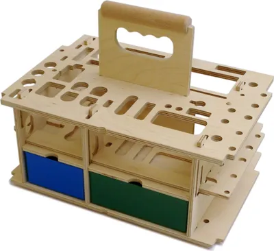 A wooden tool organizer with two drawers, one blue and one green, and a wooden handle on top.