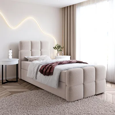 Produktbild von Einzelbett SALA MINI mit Bettkasten, Boxspringbett mit Bonellfederkern-Matratze und Bouclé-Stoff (100x200, Beige - Fredo 10, ohne topper)