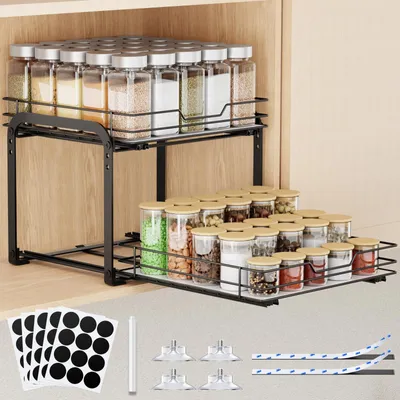 Produktbild von Ausziehbares Gewürzregal mit 2 Ebenen, höhenverstellbar, Küchenschrank-Organizer, freistehend, mit Klebestreifen zur Befestigung auf Schrank oder Arbeitsplatte, L 26 x B 29 x H 23 cm