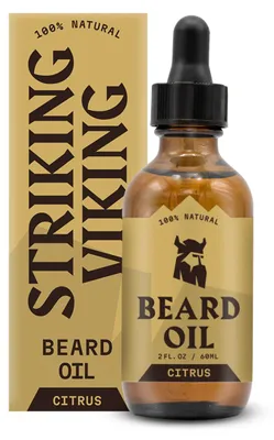 Produktbild von Striking Viking Bartöl für Männer, leichte Bartpflege mit Jojoba-, Argan- und Süßmandelöl, 59 ml, Duft Citrus