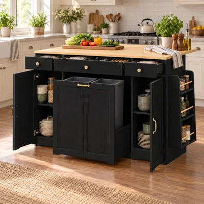 Image de Meuble de rangement latéral Merax, îlot de cuisine, chariot de service avec 3 tiroirs et 2 portes, meuble de cuisine avec plateau en bois, buffet, plan de travail, noir et aspect bois
