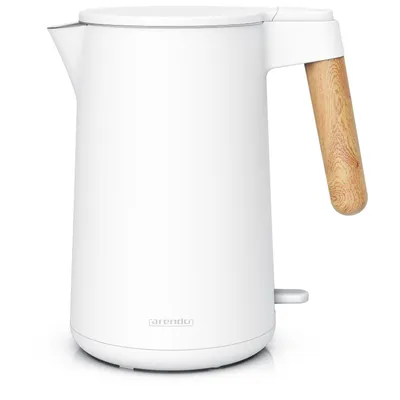Imagen del producto de Hervidor eléctrico de diseño Wood Style CORE, 1,5 litros, 2200 W, con cuerpo de doble pared, superficie fría al tacto, acero inoxidable, libre de BPA, base de 360°, color blanco, con mango de aspecto madera claro