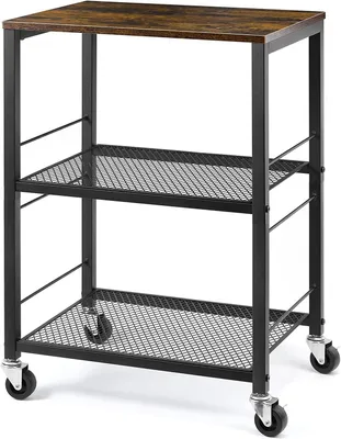 Servierwagen mit 3 Etagen, Holzablage, Rollen, 42x32x63 cm